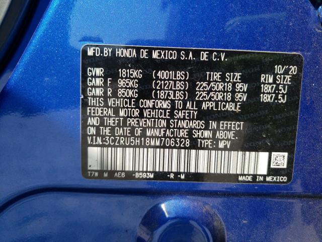 3CZRU5H18MM706328 - 2021 HONDA HR-V SPORT BLUE photo 10