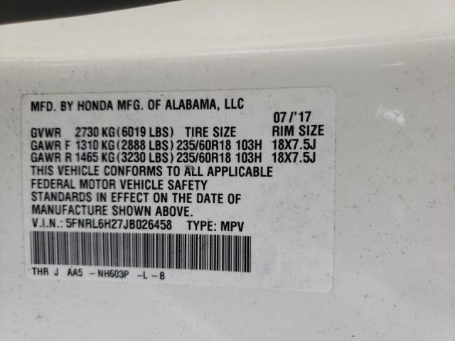 5FNRL6H27JB026458 - 2018 HONDA ODYSSEY LX WHITE photo 10