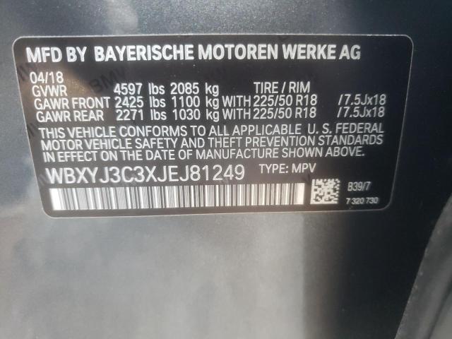 WBXYJ3C3XJEJ81249 - 2018 BMW X2 SDRIVE2 GRAY photo 10