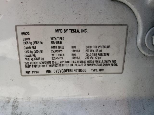 5YJYGDEE6LF010550 - 2020 TESLA MODEL Y WHITE photo 10