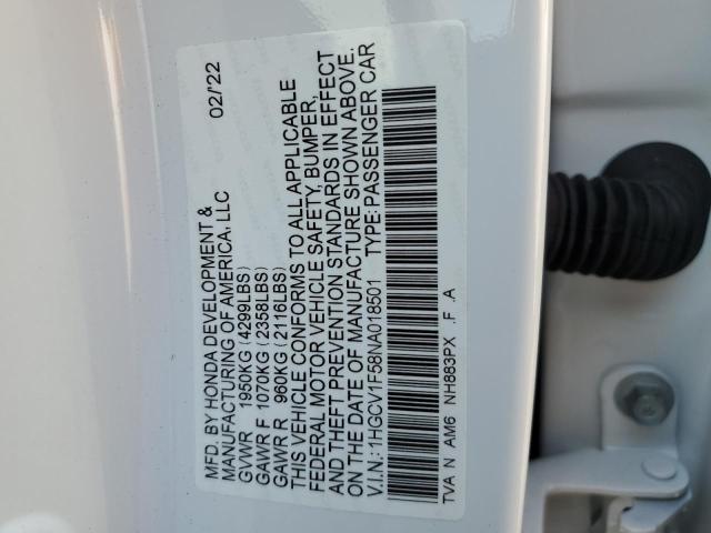 1HGCV1F58NA018501 - 2022 HONDA ACCORD EXL WHITE photo 10