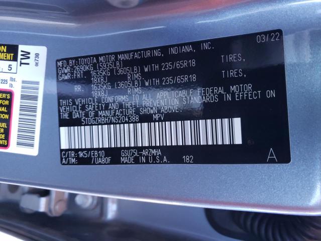 5TDGZRBH7NS204388 - 2022 TOYOTA HIGHLANDER ლურჯი ფოტო 10