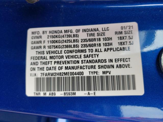 7FARW2H82ME004400 - 2021 HONDA CR-V EXL BLUE photo 10