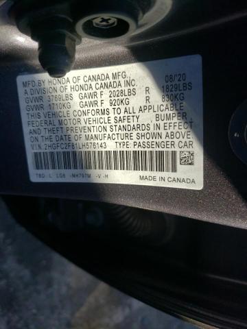 2HGFC2F81LH576143 - 2020 HONDA CIVIC SPOR GRAY photo 10