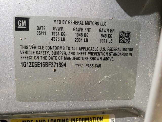 1G1ZC5E16BF371394 - 2011 CHEVROLET MALIBU 1LT ვერცხლისფერი ფოტო 10