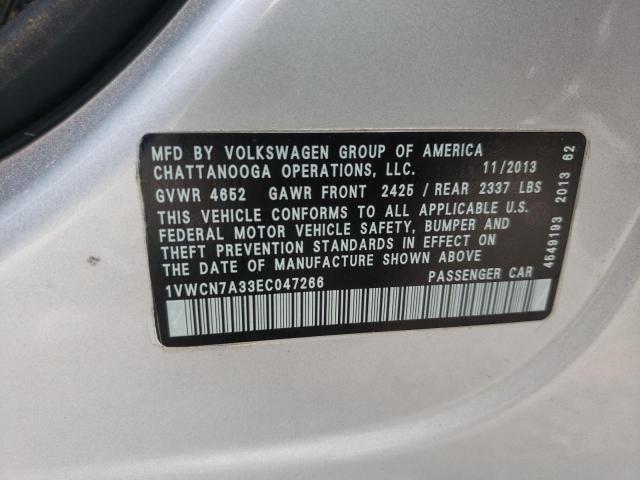 1VWCN7A33EC047266 - 2014 VOLKSWAGEN PASSAT SEL SILVER photo 10