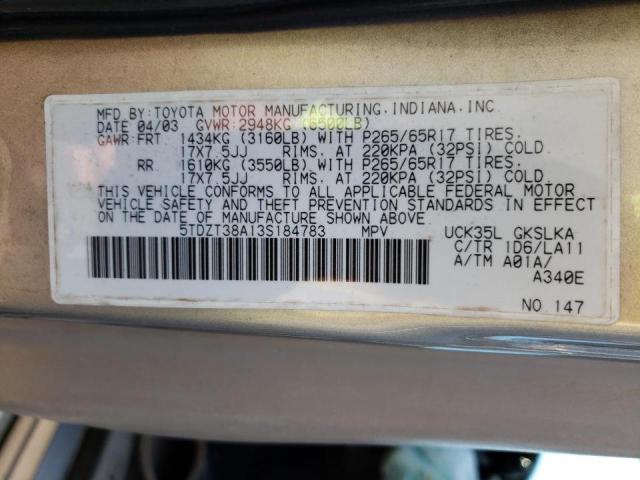 5TDZT38A13S184783 - 2003 TOYOTA SEQUOIA SILVER photo 10