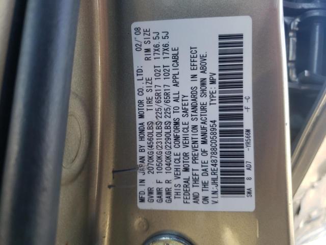 JHLRE48788C058954 - 2008 HONDA CR-V EXL BEIGE photo 10