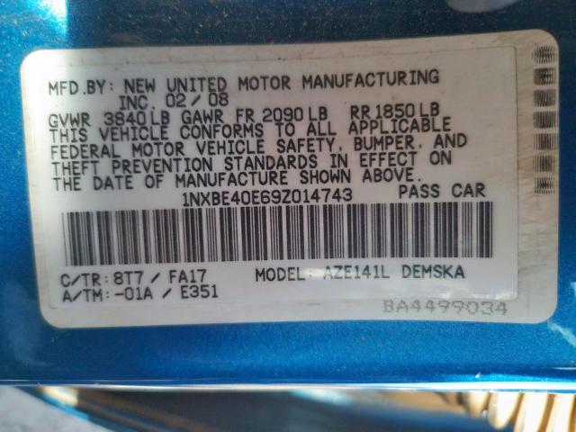 1NXBE40E69Z014743 - 2009 TOYOTA COROLLA XR 蓝色 照片 10