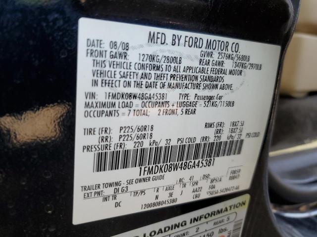 1FMDK08W48GA45381 - 2008 FORD TAURUS X E BLACK photo 10