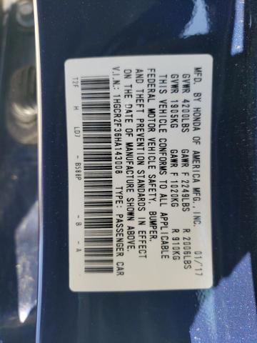 1HGCR2F36HA143008 - 2017 HONDA ACCORD LX BLUE photo 10