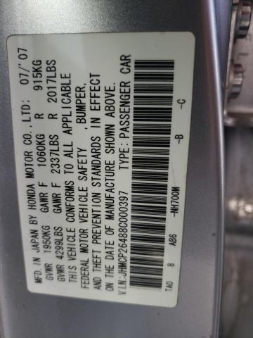 JHMCP26488C000397 - 2008 HONDA ACCORD LXP SILVER photo 10