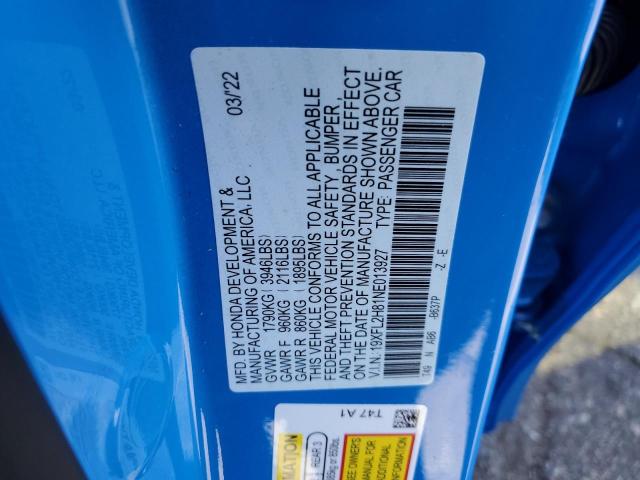19XFL2H81NE013927 - 2022 HONDA CIVIC SPOR BLUE photo 10
