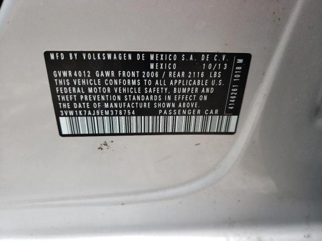 3VW1K7AJ9EM378754 - 2014 VOLKSWAGEN JETTA BASE 银色 照片 10