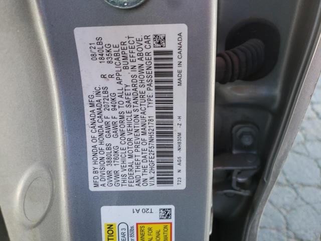 2HGFE2F57NH521781 - 2022 HONDA CIVIC SPOR SILVER photo 10