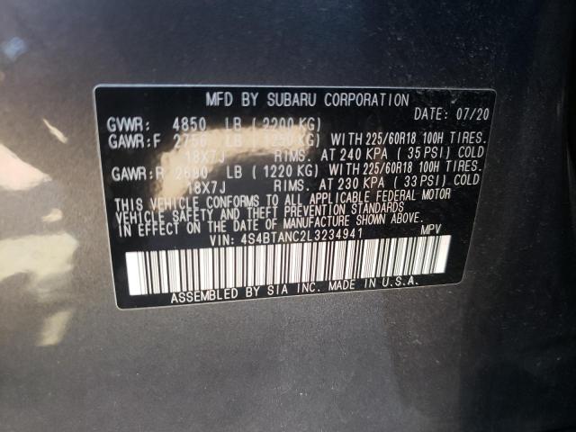 4S4BTANC2L3234941 - 2020 SUBARU OUTBACK LI GRAY photo 10