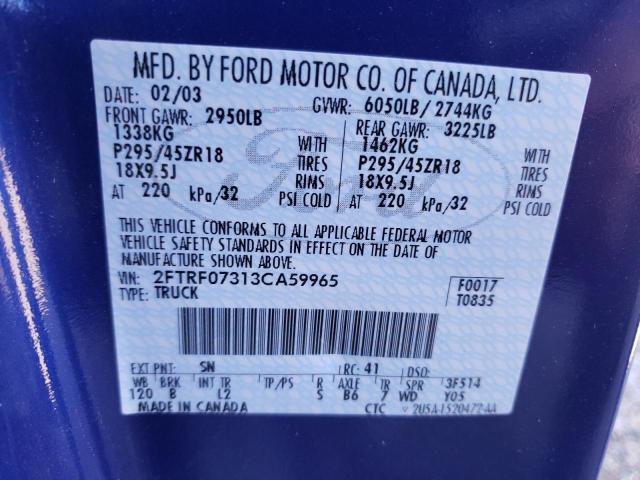 2FTRF07313CA59965 - 2003 FORD F150 SVT L BLUE photo 10