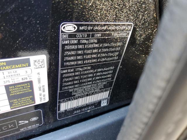 SALWR2RE1KA860618 - 2019 LAND ROVER RANGE ROVE BLACK photo 10