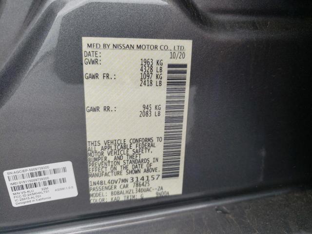 1N4BL4DV7MN314157 - 2021 NISSAN ALTIMA SV CHARCOAL photo 10