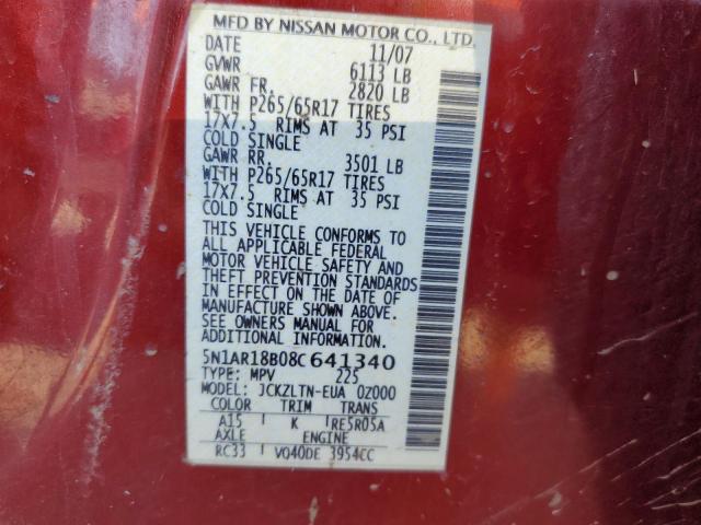 5N1AR18B08C641340 - 2008 NISSAN PATHFINDER RED photo 10