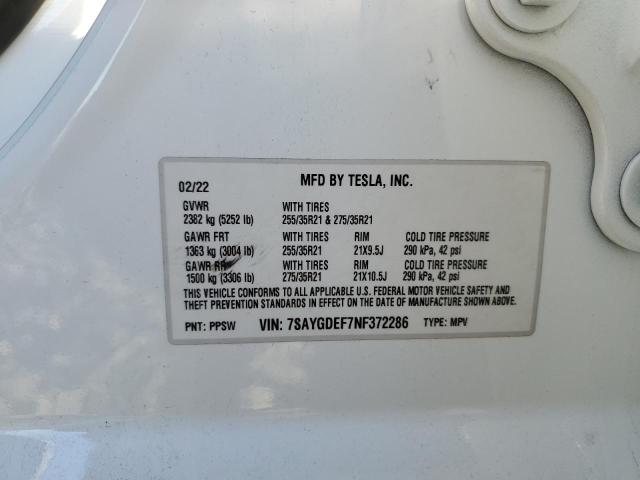 7SAYGDEF7NF372286 - 2022 TESLA MODEL Y Белый фото 10