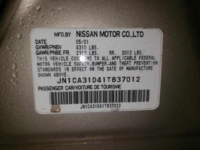 JN1CA31D41T837012 - 2001 NISSAN MAXIMA GXE TAN photo 10