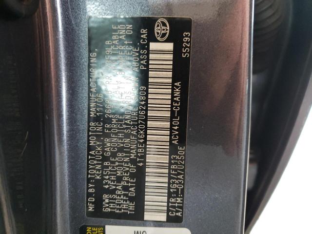 4T1BE46K07U624809 - 2007 TOYOTA CAMRY CE GRAY photo 10