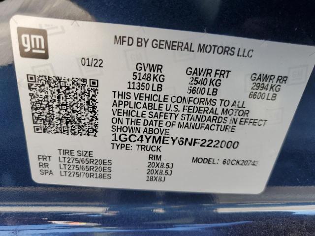 1GC4YMEY6NF222000 - 2022 CHEVROLET SILVERADO BLUE photo 10