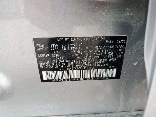 4S4BTAFC8M3151806 - 2021 SUBARU OUTBACK PR SILVER photo 10