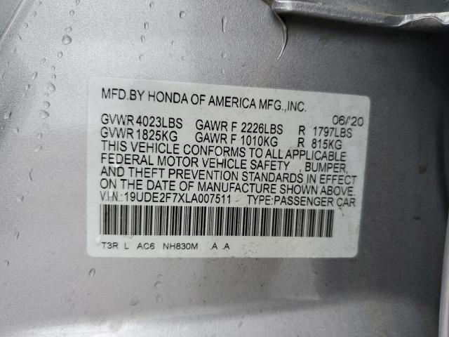 19UDE2F7XLA007511 - 2020 ACURA ILX PREMIU SILVER photo 10