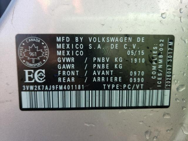 3VW2K7AJ9FM401181 - 2015 VOLKSWAGEN JETTA BASE ვერცხლისფერი ფოტო 10