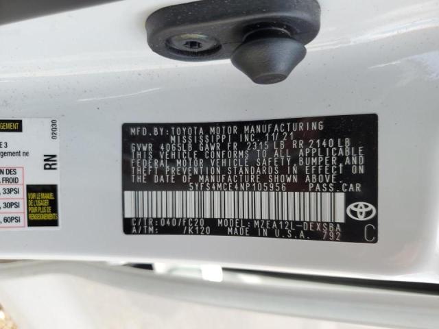 5YFS4MCE4NP105956 - 2022 TOYOTA COROLLA SE WHITE photo 10