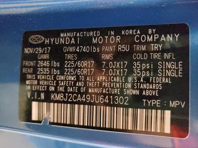 KM8J2CA49JU641302 - 2018 HYUNDAI TUCSON SE BLUE photo 10