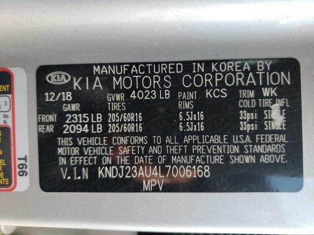 KNDJ23AU4L7006168 - 2020 KIA SOUL LX SILVER photo 10