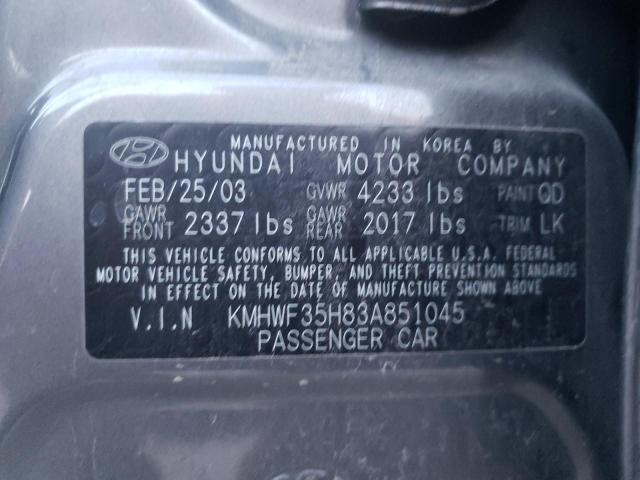 KMHWF35H83A851045 - 2003 HYUNDAI SONATA GLS GRAY photo 10