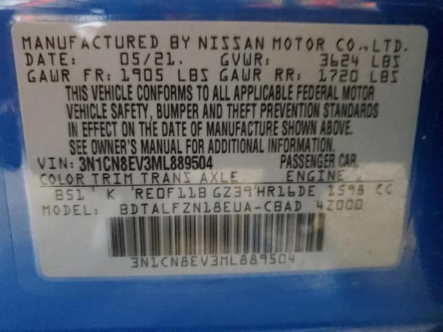 3N1CN8EV3ML889504 - 2021 NISSAN VERSA SV BLUE photo 10