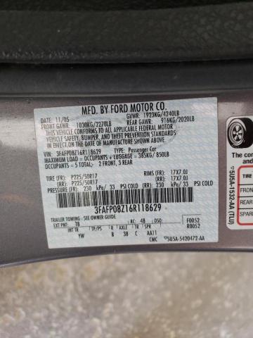 3FAFP08Z16R118629 - 2006 FORD FUSION SEL GRAY photo 10