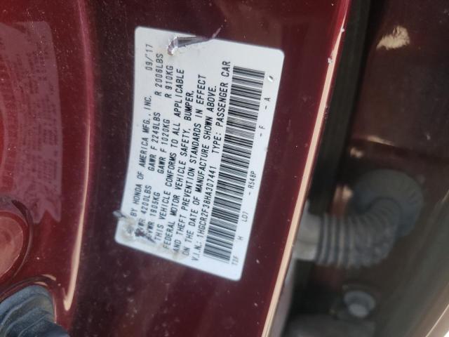 1HGCR2F38HA307441 - 2017 HONDA ACCORD LX MAROON photo 10