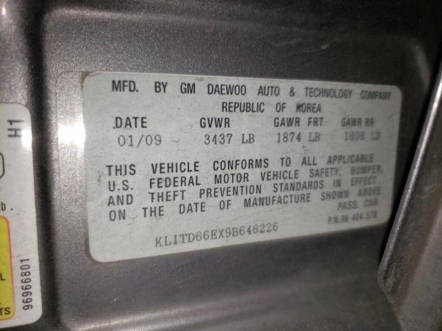 KL1TD66EX9B646226 - 2009 CHEVROLET AVEO LS 灰色 照片 10