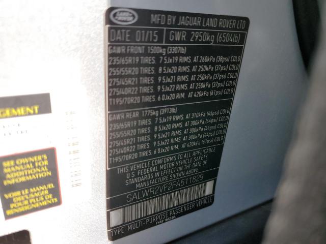 SALWR2VF2FA611829 - 2015 LAND ROVER RANGE ROVE SILVER photo 10