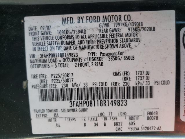 3FAHP08118R149823 - 2008 FORD FUSION SEL  photo 10