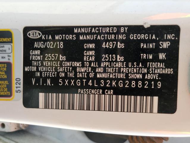 5XXGT4L32KG288219 - 2019 KIA OPTIMA LX WHITE photo 10