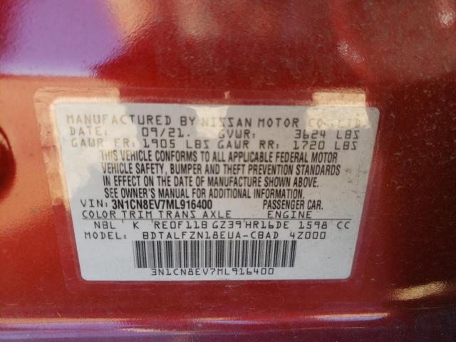 3N1CN8EV7ML916400 - 2021 NISSAN VERSA SV RED photo 10