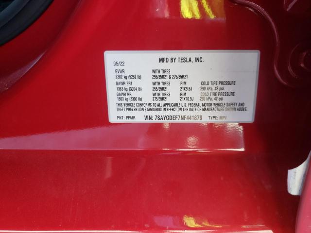 7SAYGDEF7NF441879 - 2022 TESLA MODEL Y Красный фото 10