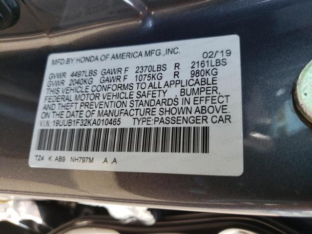 19UUB1F32KA010465 - 2019 ACURA TLX Graphite photo 10