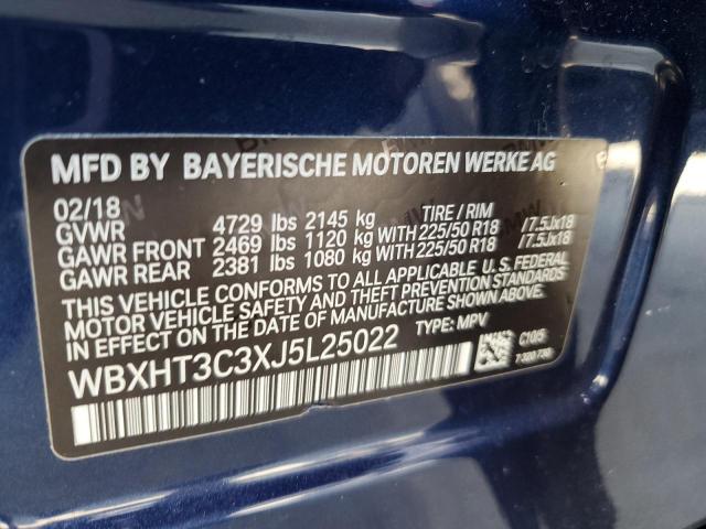 WBXHT3C3XJ5L25022 - 2018 BMW X1 XDRIVE2 BLUE photo 10