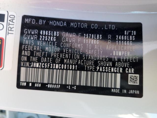 JHMZC5F3XMC001091 - 2021 HONDA CLARITY TO WHITE photo 10