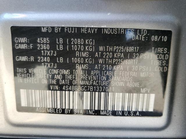 4S4BRBGC7B1337011 - 2011 SUBARU OUTBACK 2. SILVER photo 10