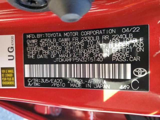 JTDKAMFP5N3215140 - 2022 TOYOTA PRIUS PRIM RED photo 10