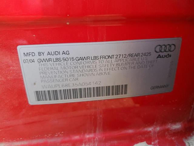 WAUPL68E35A054142 - 2005 AUDI S4 RED photo 10